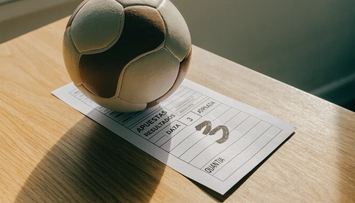 Uma bola de futebol pousada sobre um talão de apostas em branco numa mesa de madeira, à luz do dia