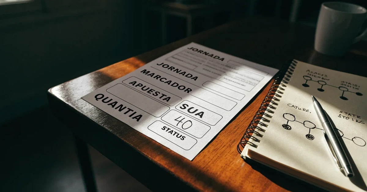 Um talão de apostas em branco ao lado de uma calculadora e de um bloco de notas com um esquema desenhado à mão
