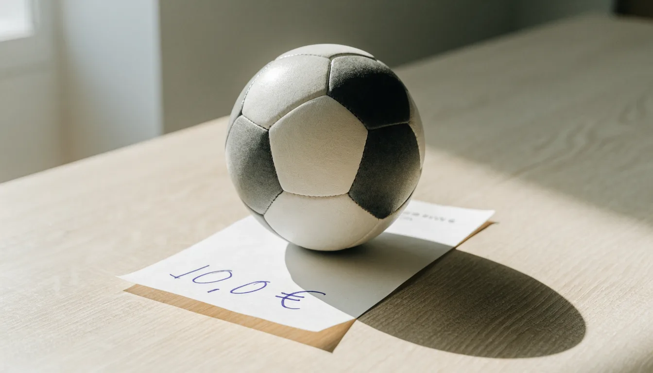 Uma bola de futebol pousada sobre um talão de apostas em branco numa mesa de madeira, à luz do dia