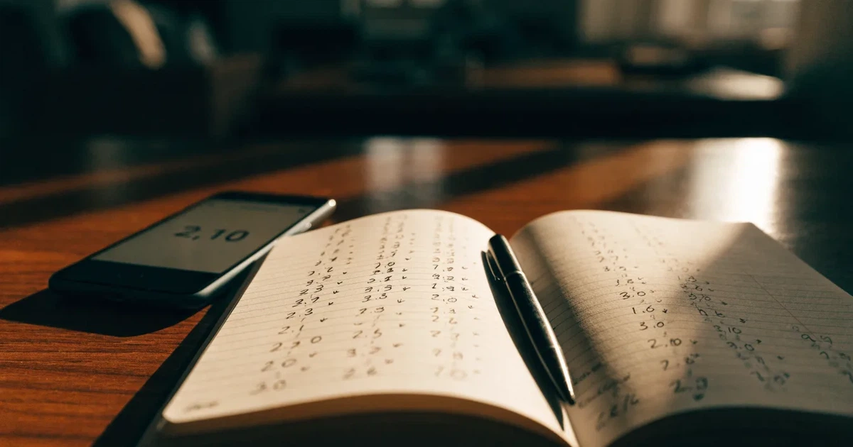Um caderno aberto com cotas escritas à mão, uma calculadora e um lápis sobre uma mesa de madeira