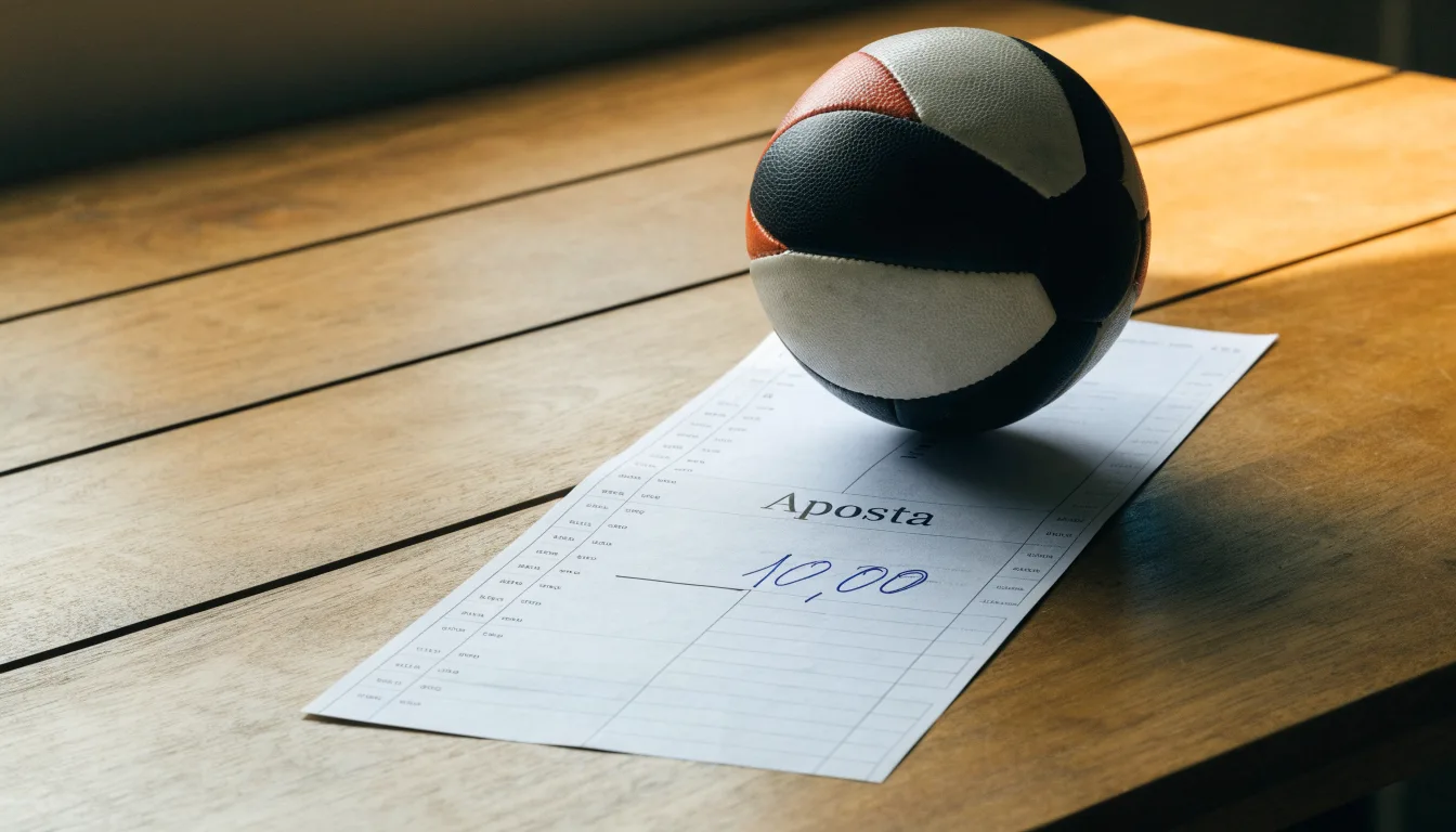 Uma bola de futebol pousada sobre um talão de apostas em branco numa mesa de madeira, à luz do dia