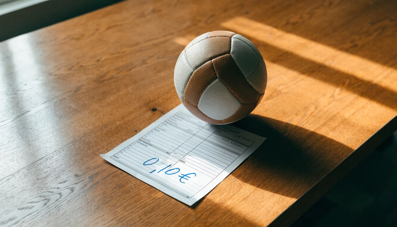 Uma bola de futebol pousada sobre um talão de apostas em branco numa mesa de madeira, à luz do dia
