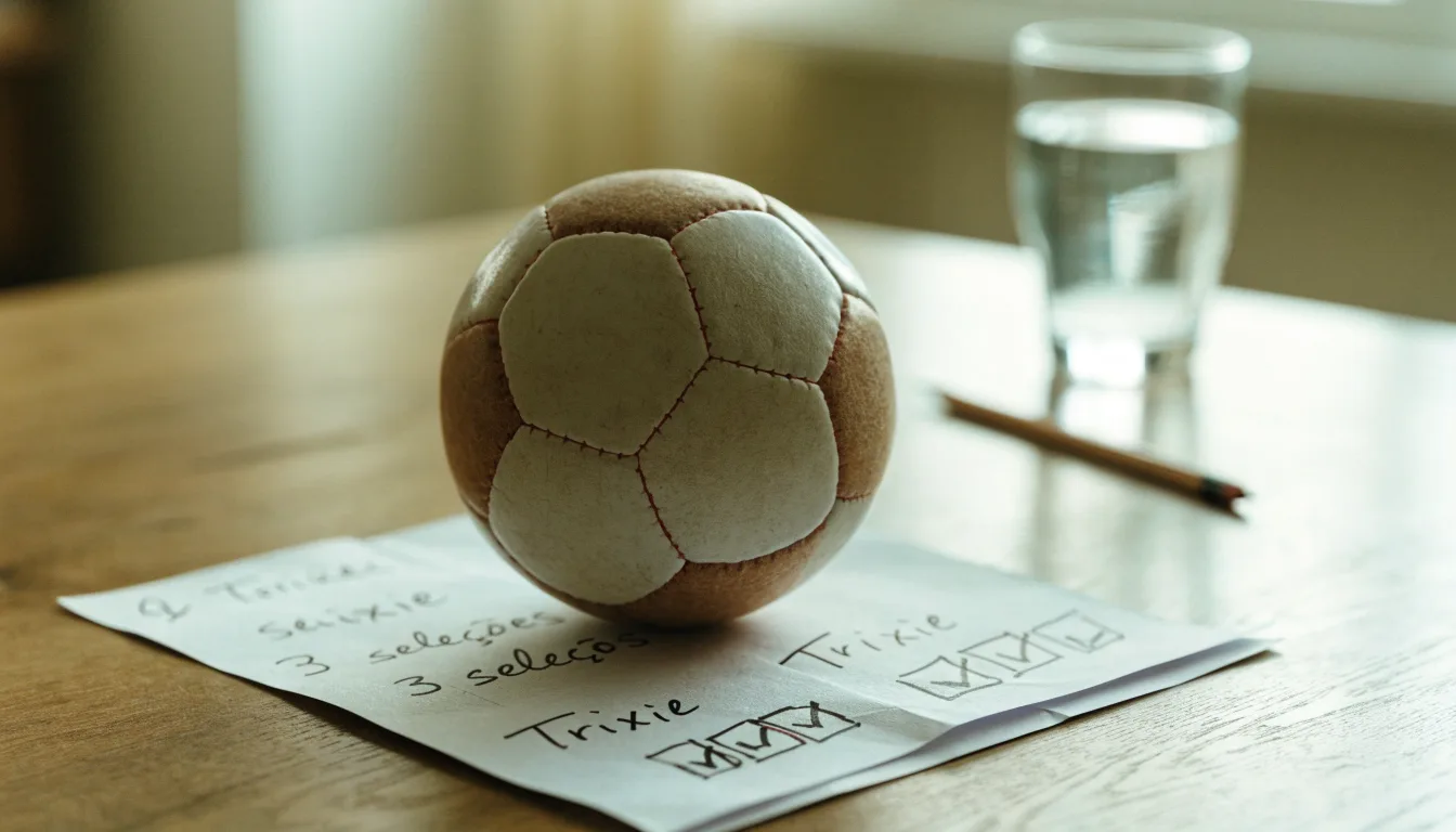 Uma bola de futebol pousada sobre um talão de apostas em branco numa mesa de madeira, à luz do dia