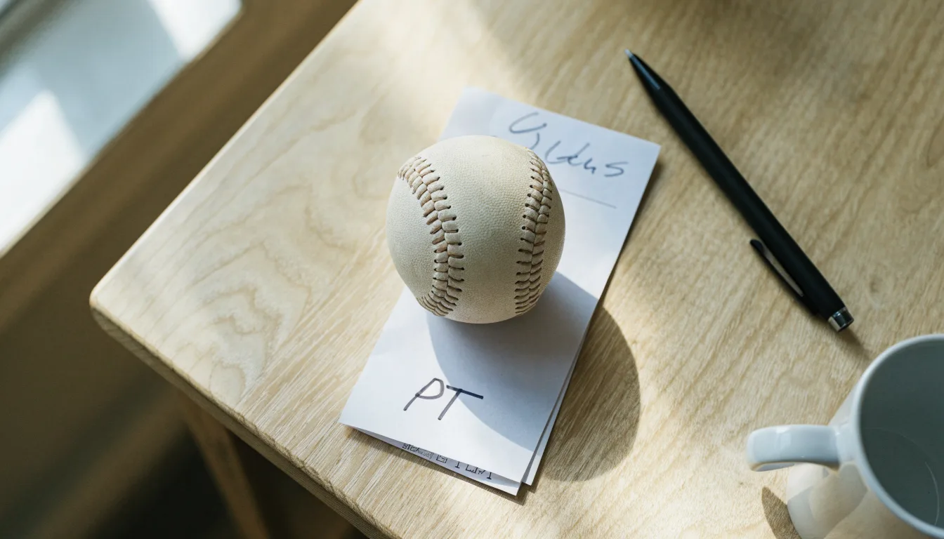 Uma bola de futebol pousada sobre um talão de apostas em branco numa mesa de madeira, à luz do dia