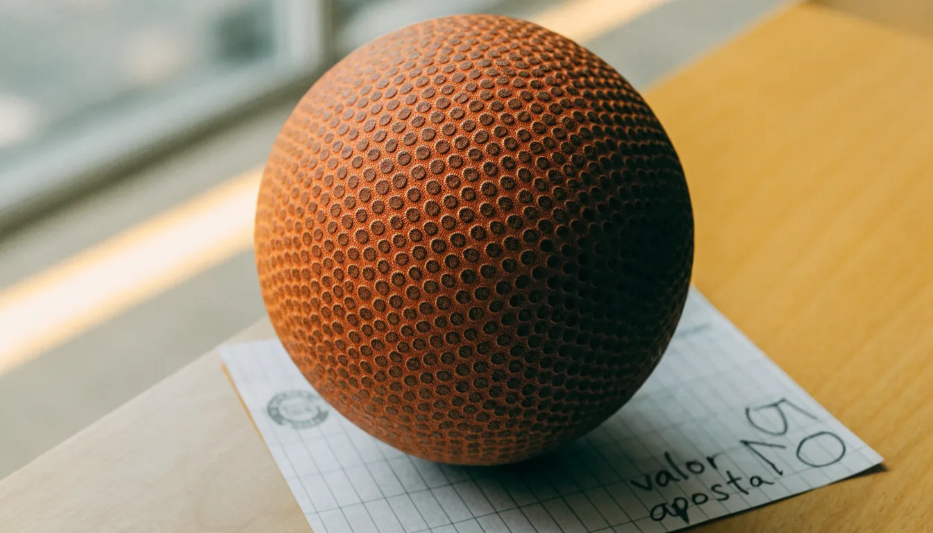 Uma bola de futebol pousada sobre um talão de apostas em branco numa mesa de madeira, à luz do dia