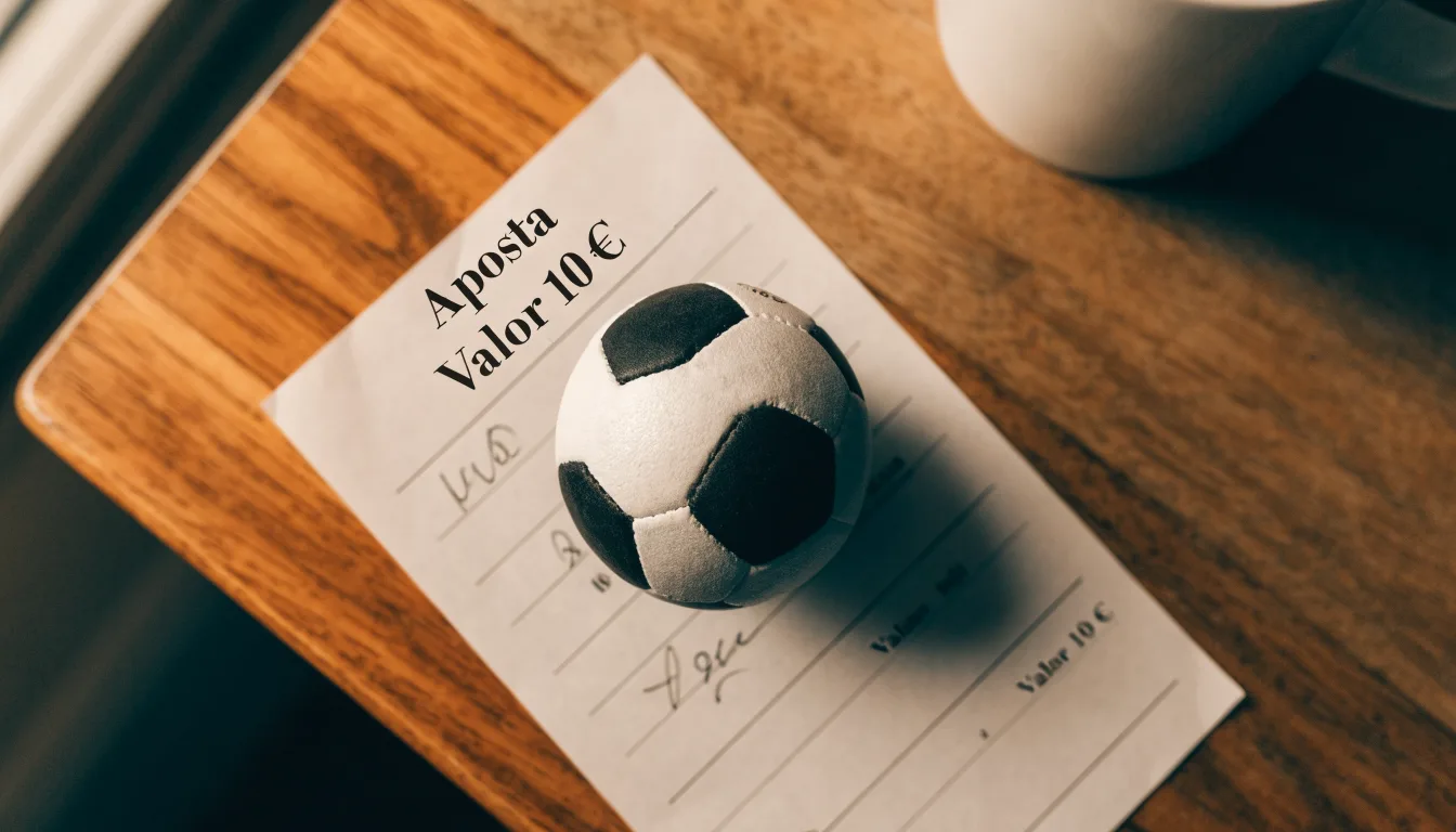 Uma bola de futebol pousada sobre um talão de apostas em branco numa mesa de madeira, à luz do dia
