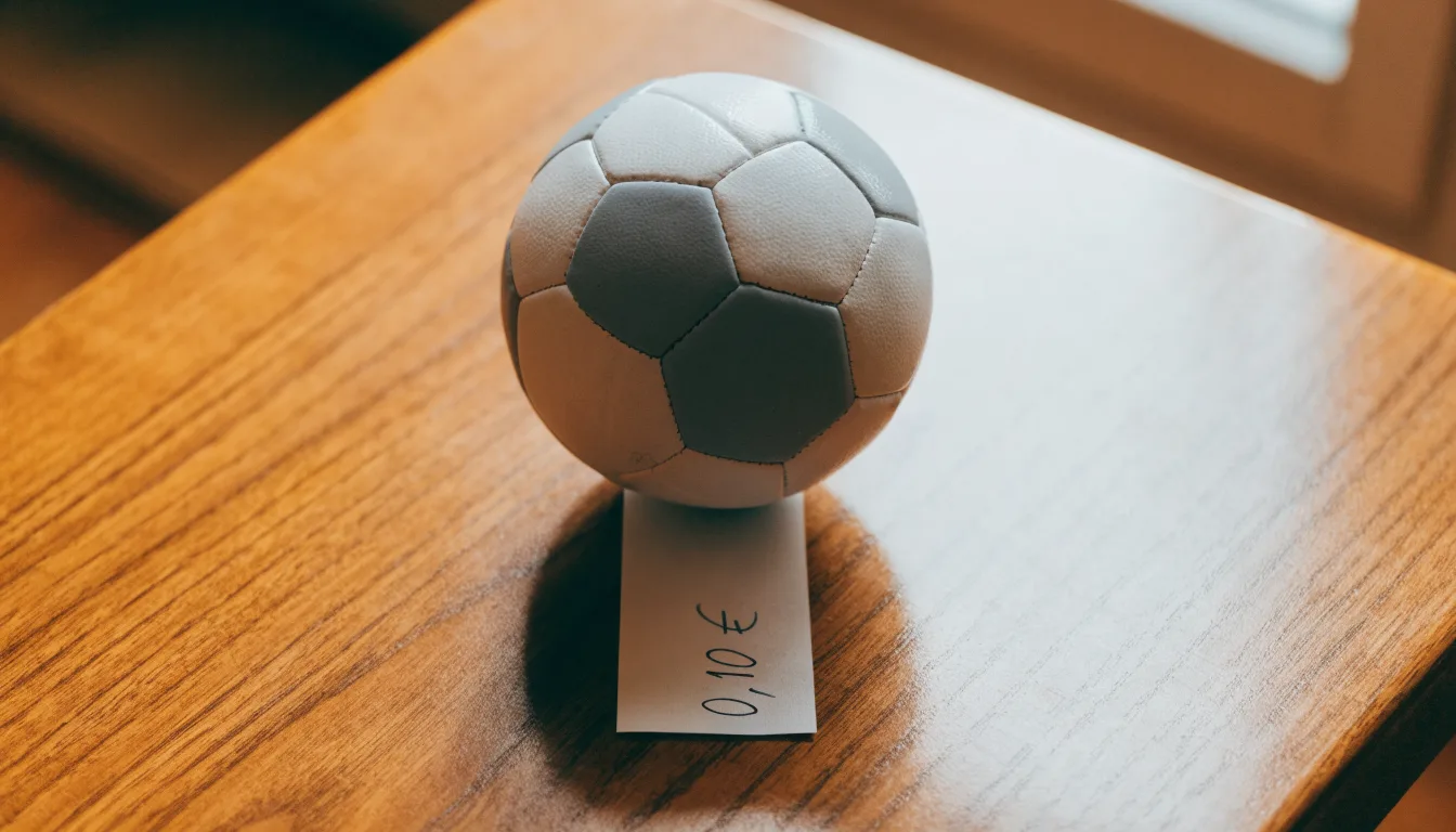 Uma bola de futebol pousada sobre um talão de apostas em branco numa mesa de madeira, à luz do dia
