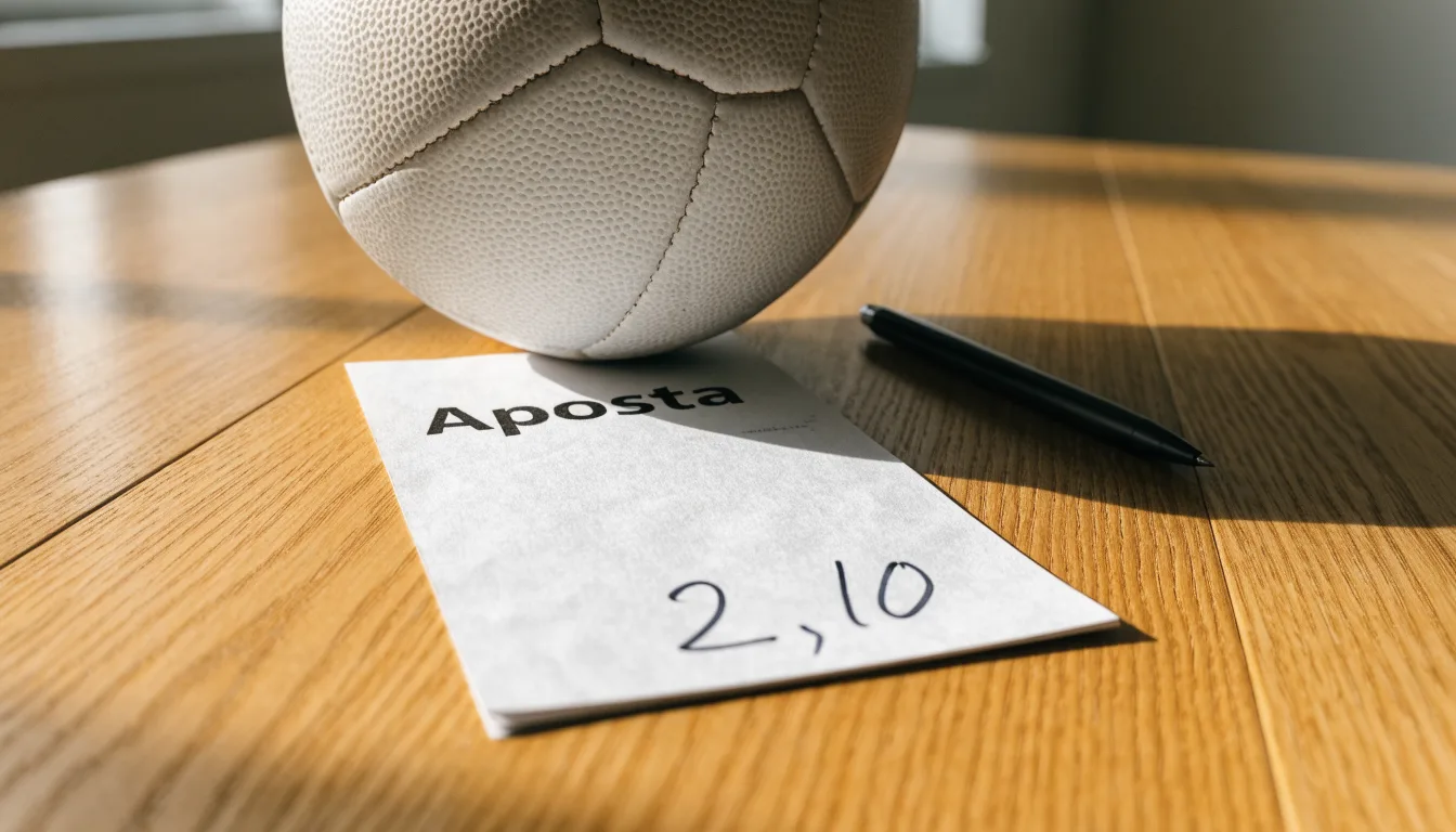 Uma bola de futebol pousada sobre um talão de apostas em branco numa mesa de madeira, à luz do dia
