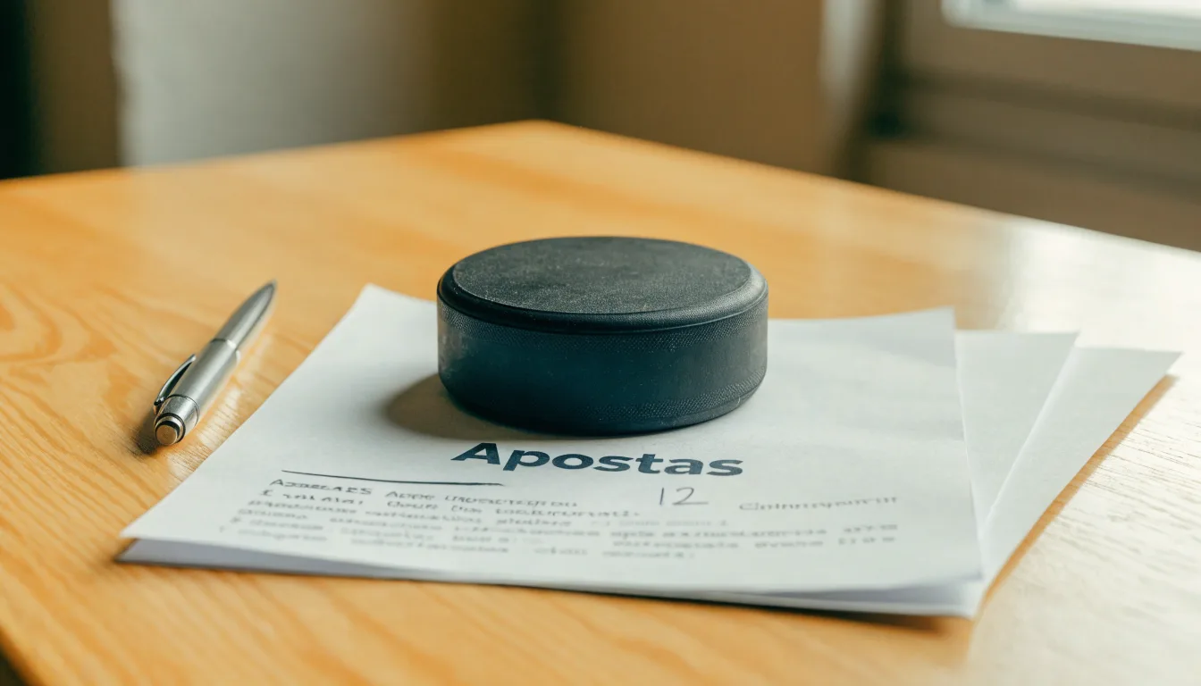 Uma bola de futebol pousada sobre um talão de apostas em branco numa mesa de madeira, à luz do dia