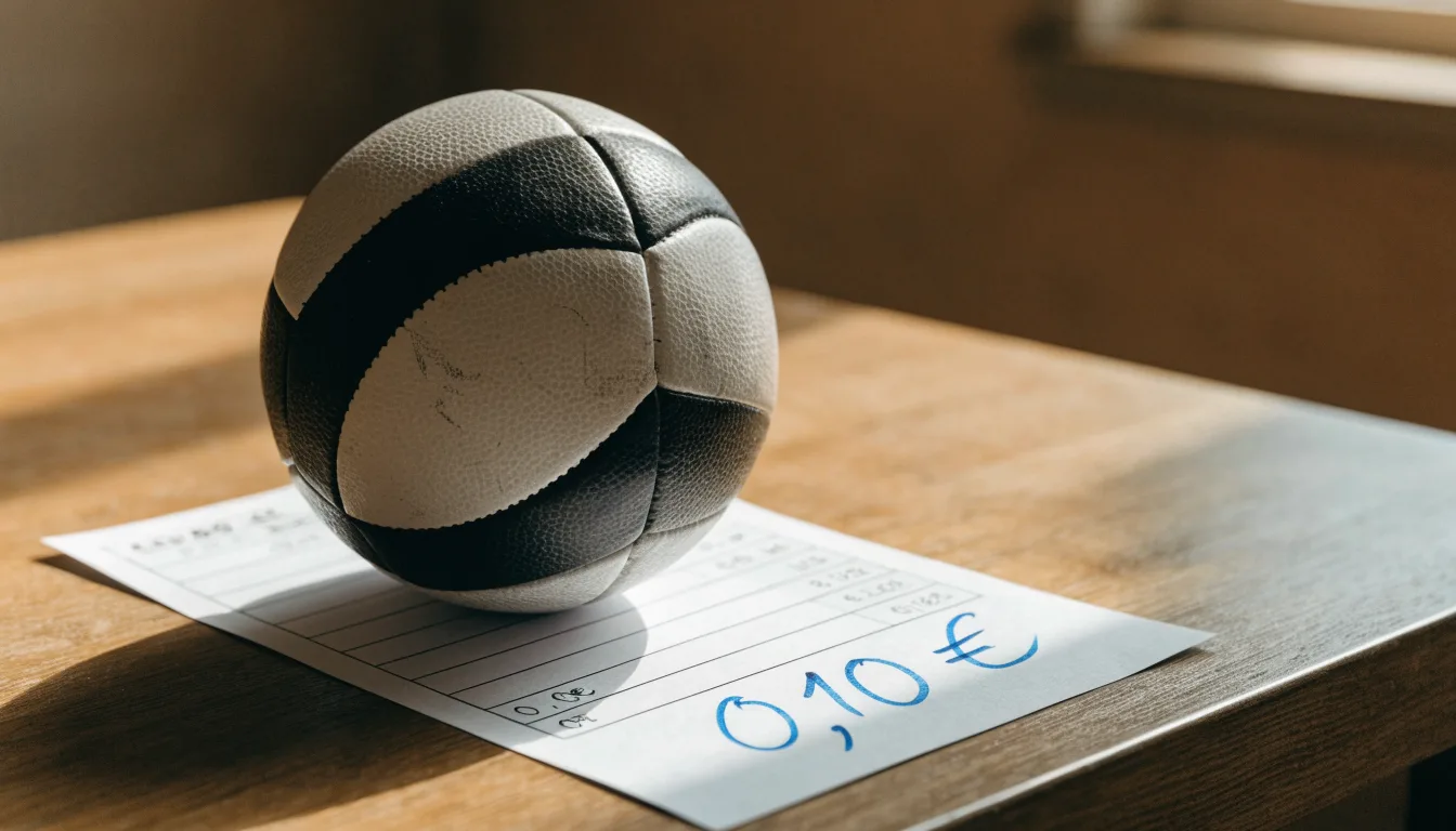 Uma bola de futebol pousada sobre um talão de apostas em branco numa mesa de madeira, à luz do dia