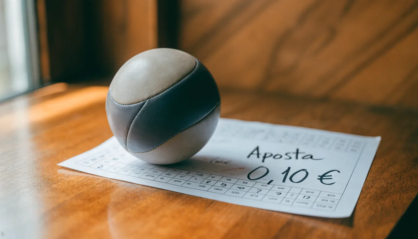 Uma bola de futebol pousada sobre um talão de apostas em branco numa mesa de madeira, à luz do dia