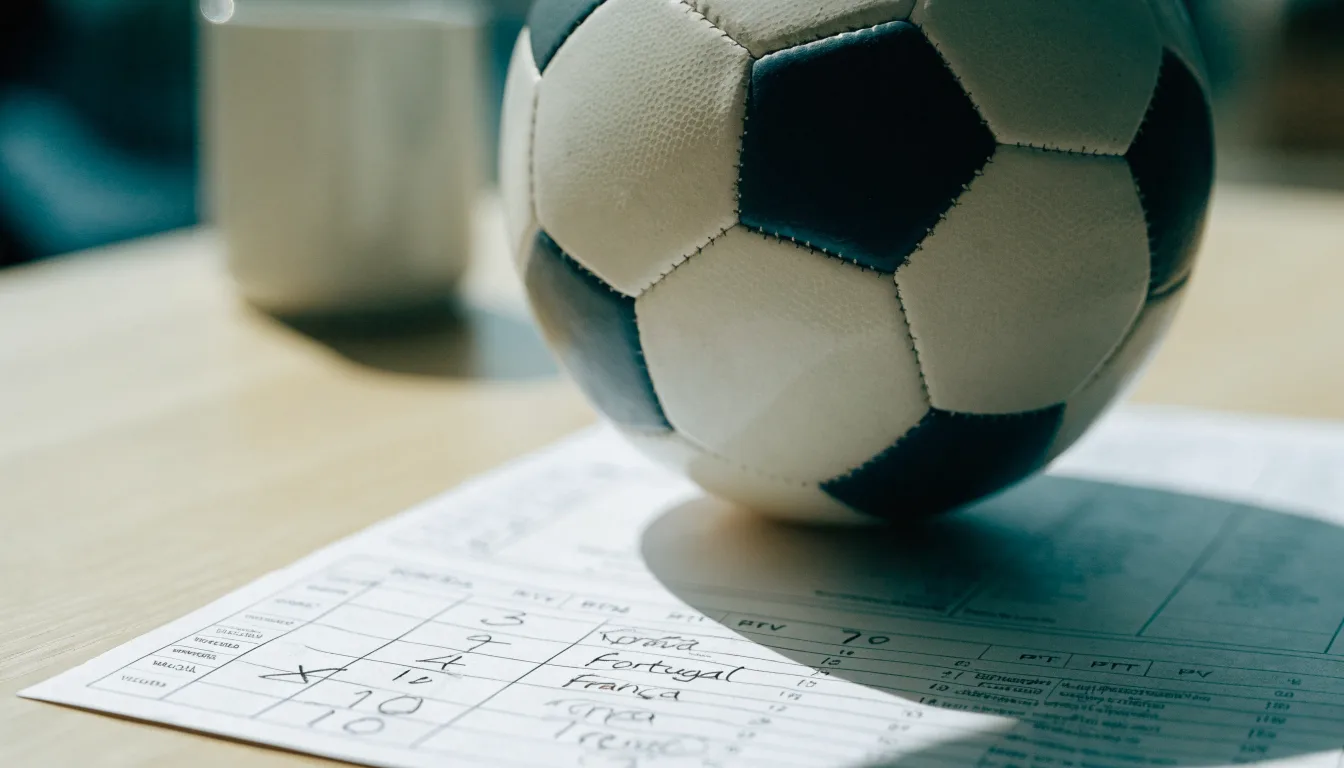 Uma bola de futebol pousada sobre um talão de apostas em branco numa mesa de madeira, à luz do dia