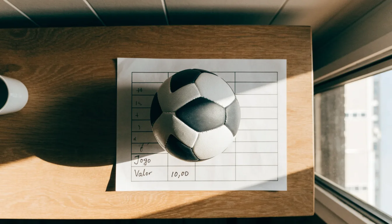 Uma bola de futebol pousada sobre um talão de apostas em branco numa mesa de madeira, à luz do dia