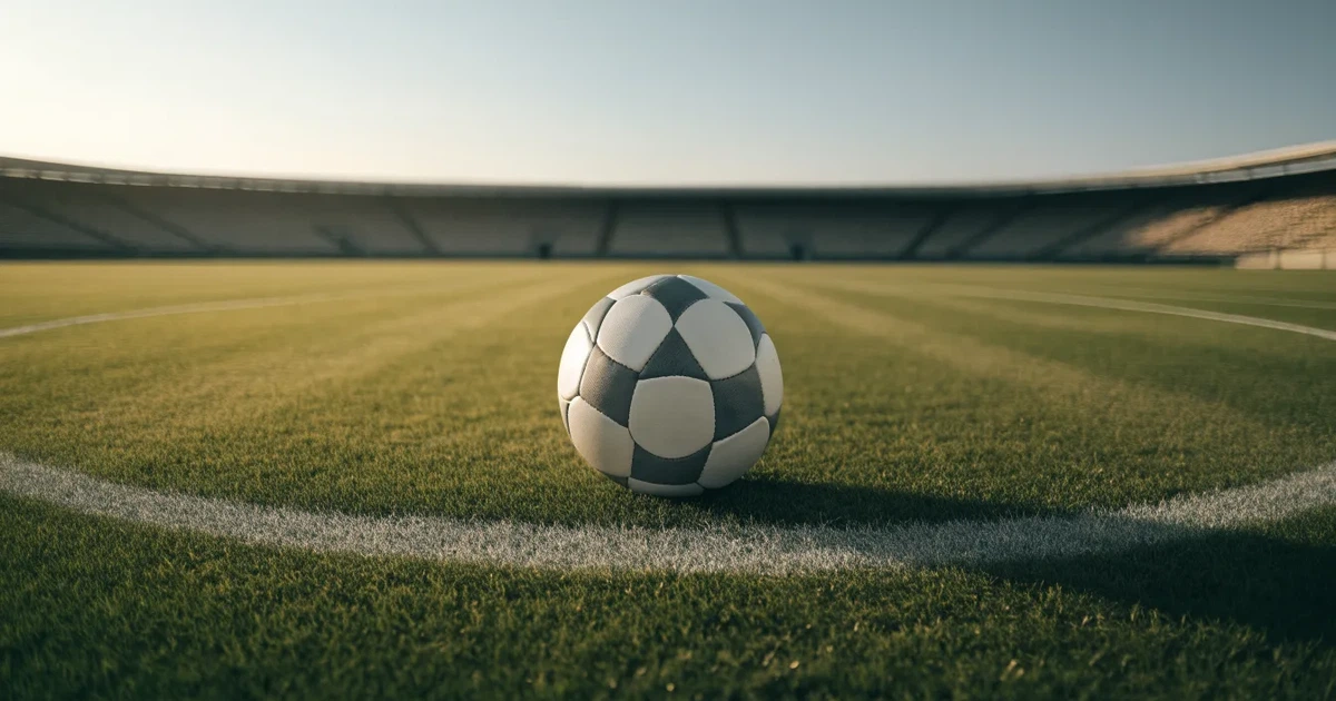 Uma bola de futebol no ponto central de um relvado, à luz da manhã