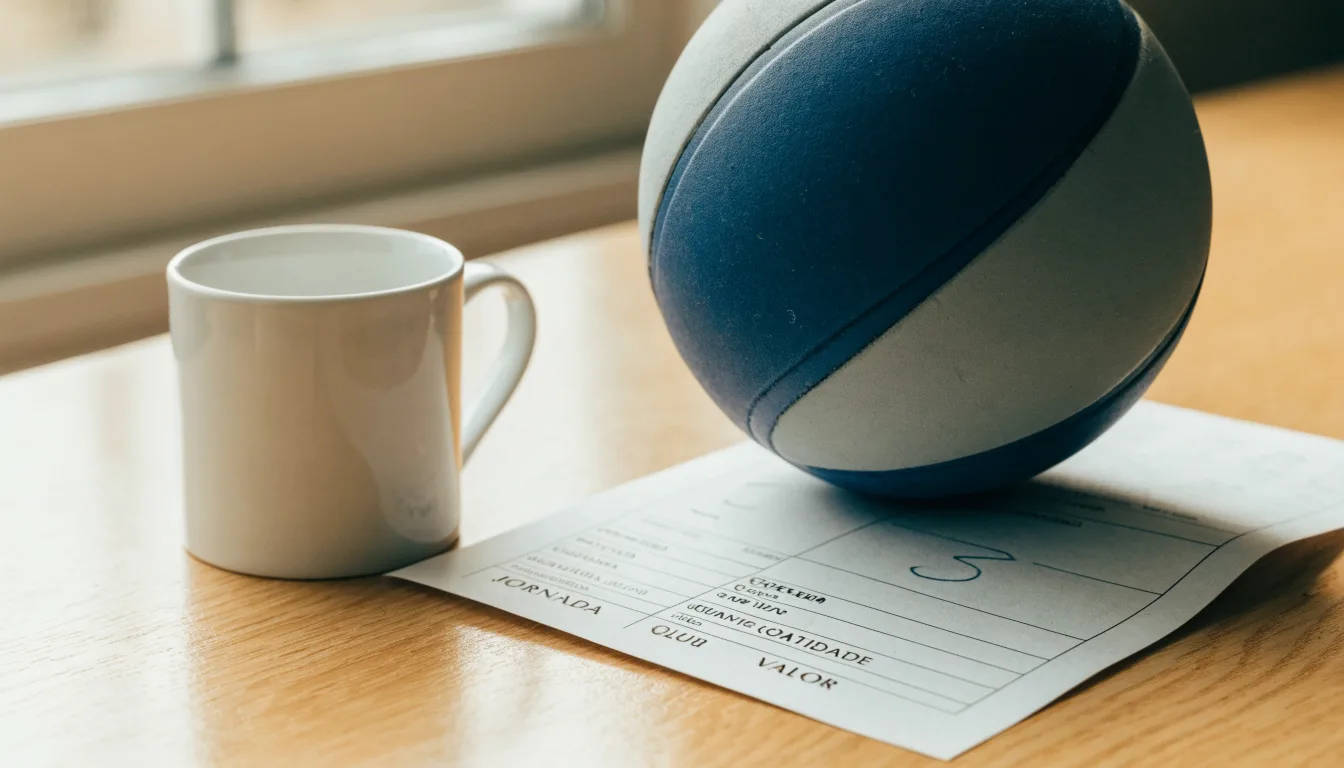 Uma bola de futebol pousada sobre um talão de apostas em branco numa mesa de madeira, à luz do dia