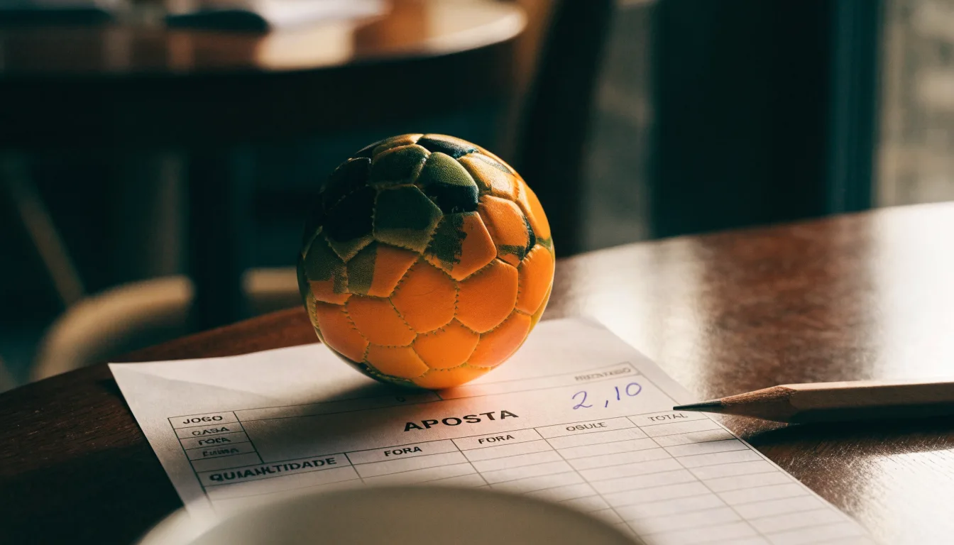 Uma bola de futebol pousada sobre um talão de apostas em branco numa mesa de madeira, à luz do dia