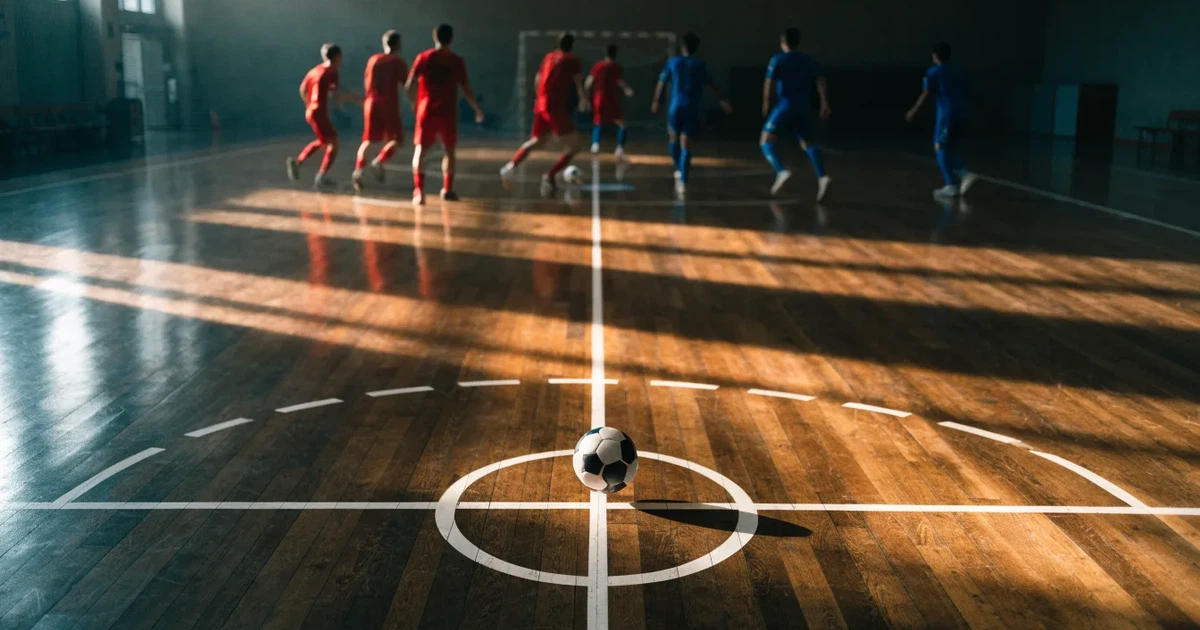 Uma bola de futebol no ponto central de um relvado, à luz da manhã