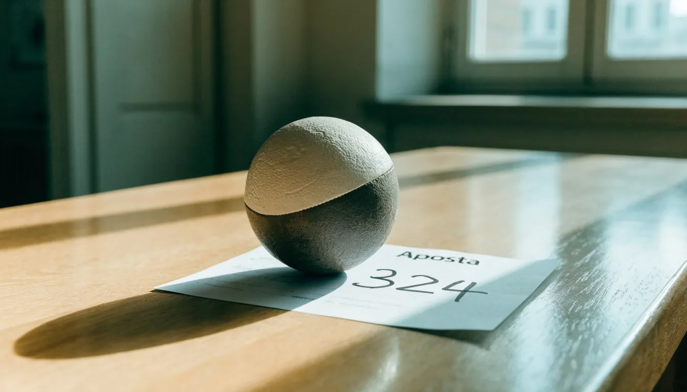 Uma bola de futebol pousada sobre um talão de apostas em branco numa mesa de madeira, à luz do dia