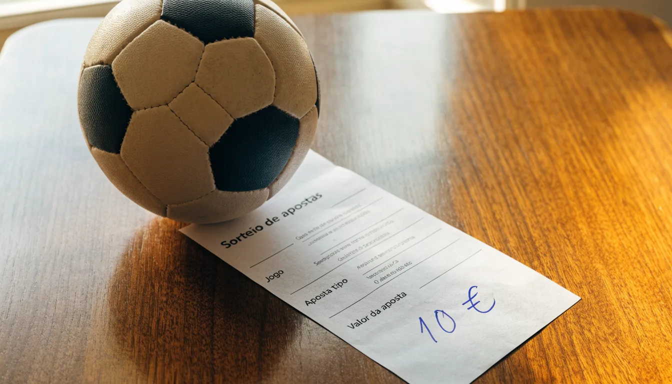 Uma bola de futebol pousada sobre um talão de apostas em branco numa mesa de madeira, à luz do dia