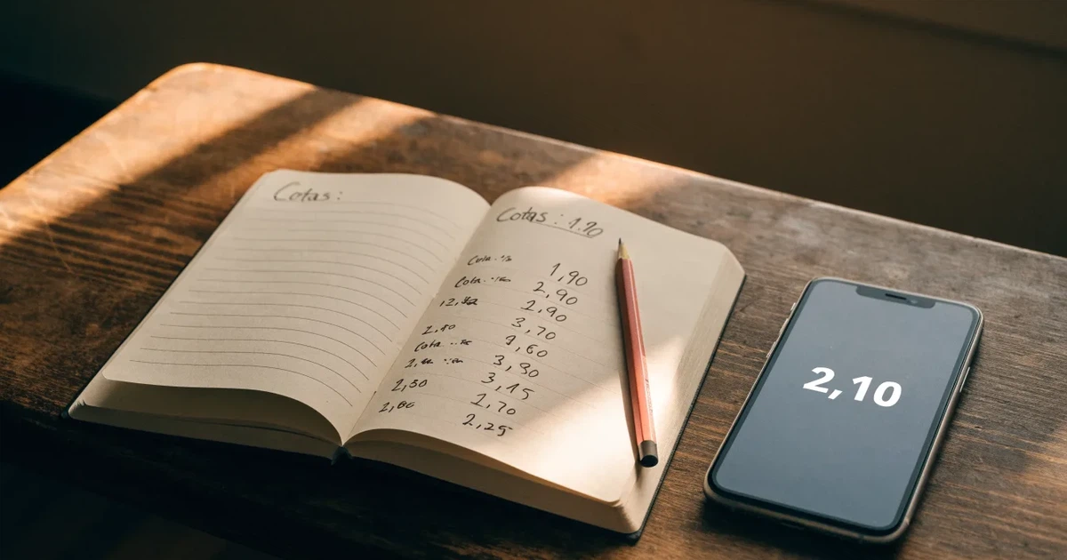 Um caderno aberto com cotas escritas à mão, uma calculadora e um lápis sobre uma mesa de madeira