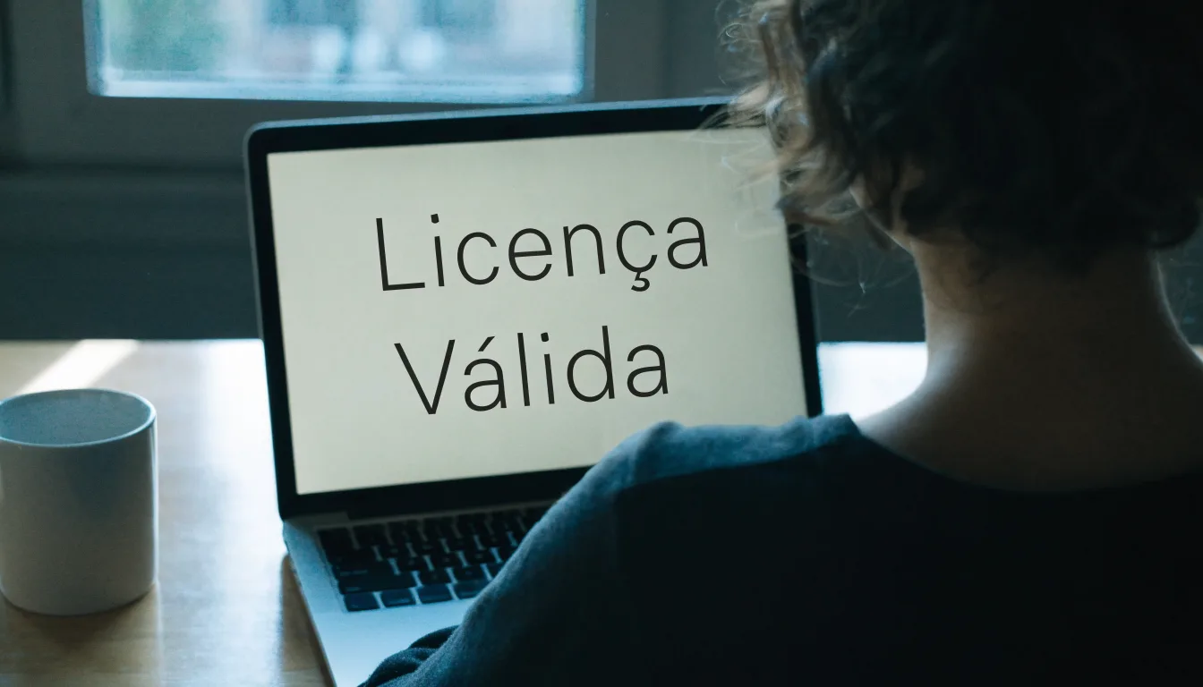 Uma folha de licença em papel com um selo vermelho, pousada numa secretária de madeira ao lado de uma caneta