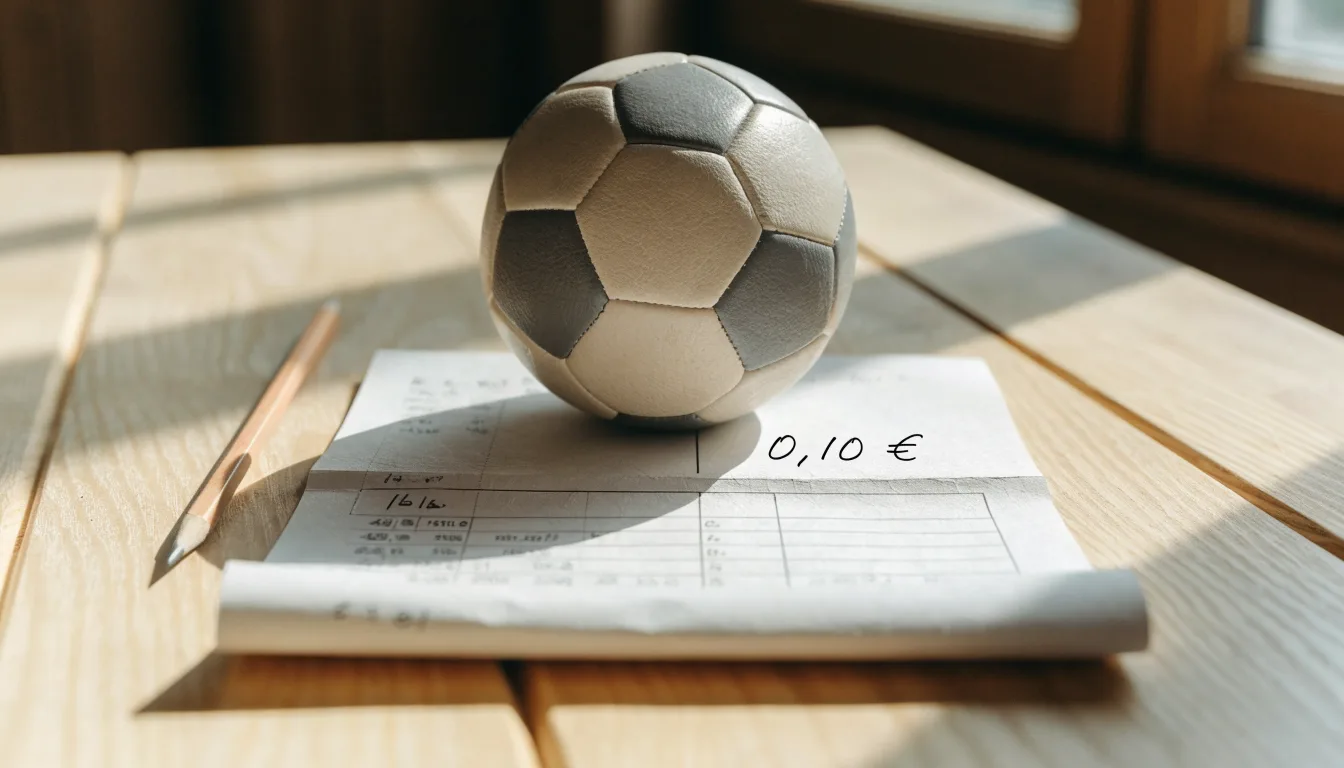 Uma bola de futebol pousada sobre um talão de apostas em branco numa mesa de madeira, à luz do dia