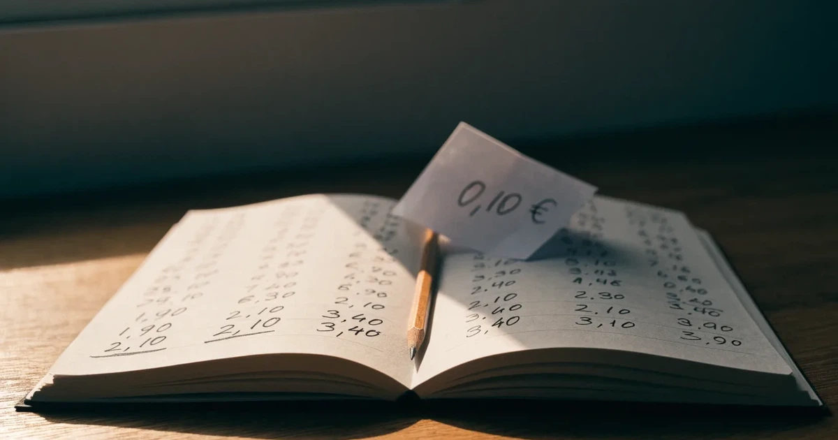Um caderno aberto com cotas escritas à mão, uma calculadora e um lápis sobre uma mesa de madeira