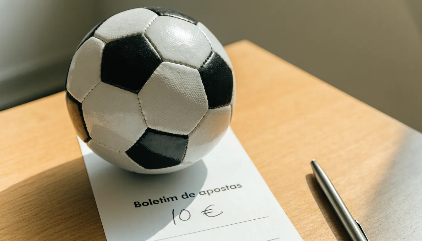 Uma bola de futebol pousada sobre um talão de apostas em branco numa mesa de madeira, à luz do dia