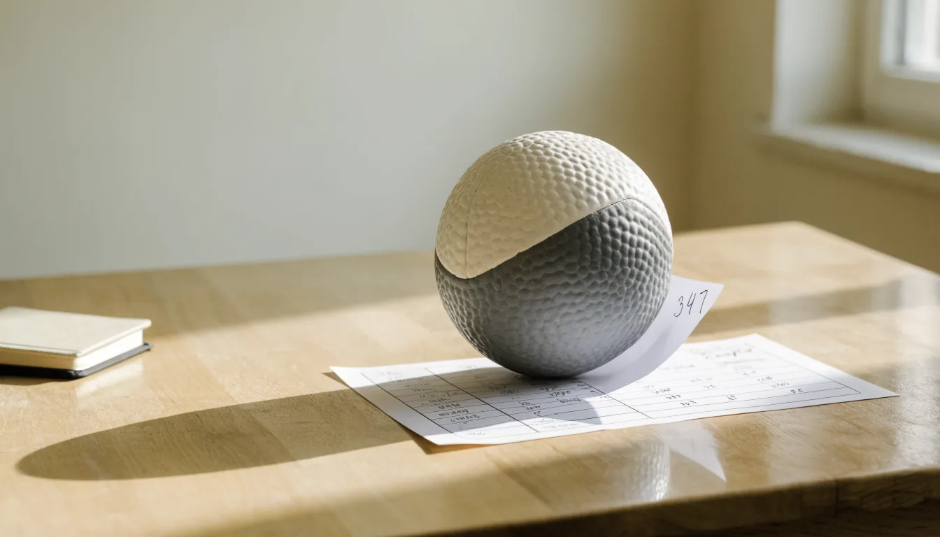 Uma bola de futebol pousada sobre um talão de apostas em branco numa mesa de madeira, à luz do dia