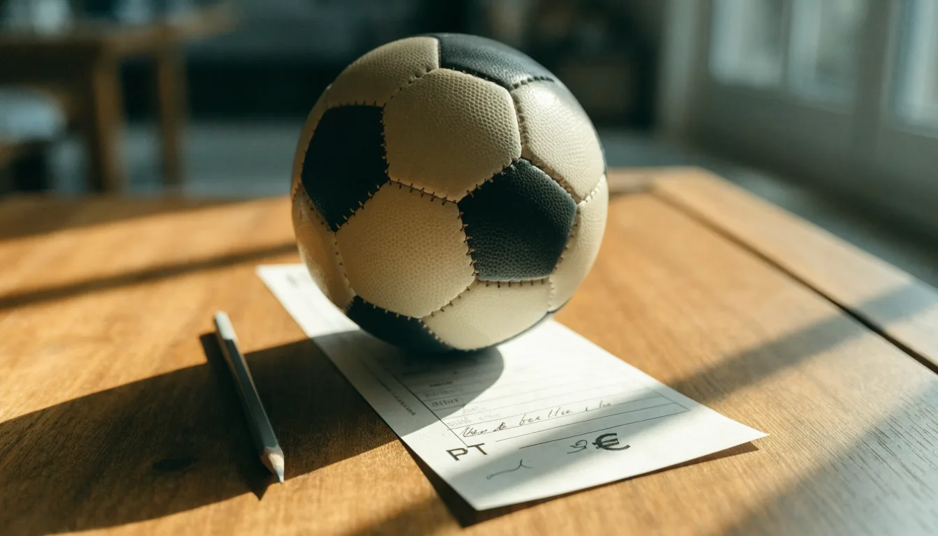Uma bola de futebol pousada sobre um talão de apostas em branco numa mesa de madeira, à luz do dia