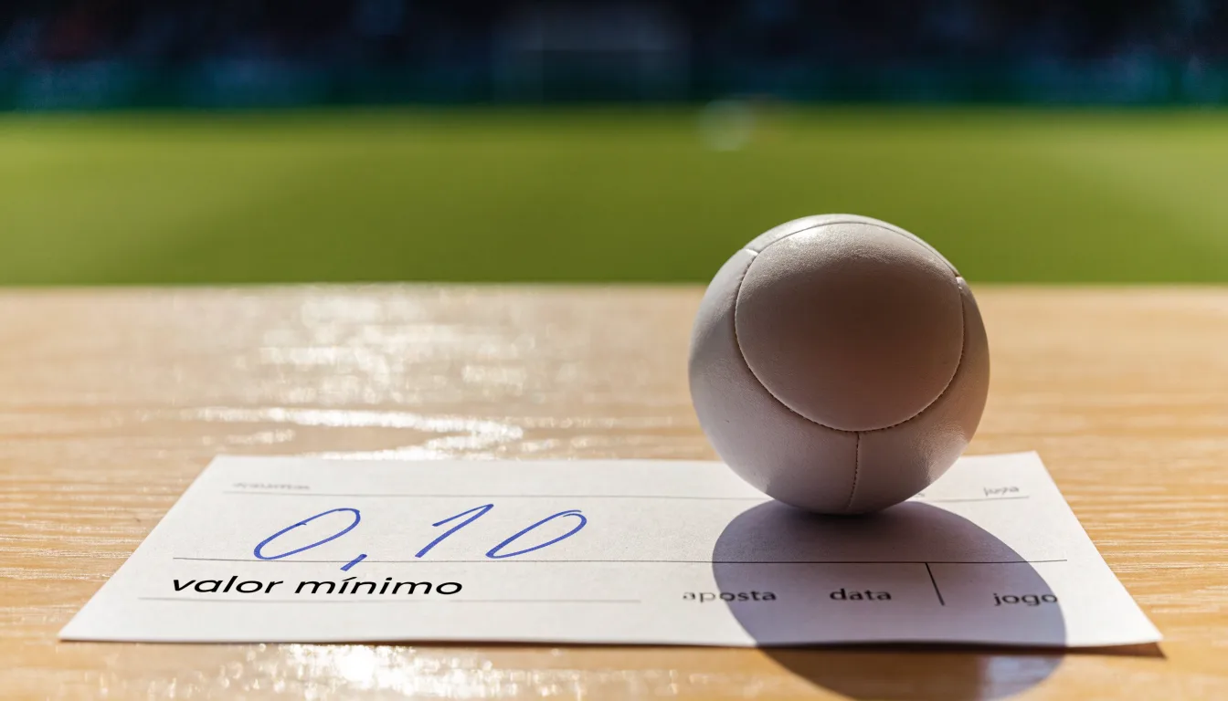Uma bola de futebol pousada sobre um talão de apostas em branco numa mesa de madeira, à luz do dia