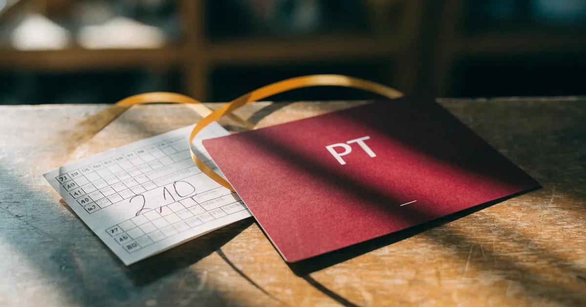 Um cartão de oferta com uma fita dourada ao lado de um talão de apostas numa bancada de madeira