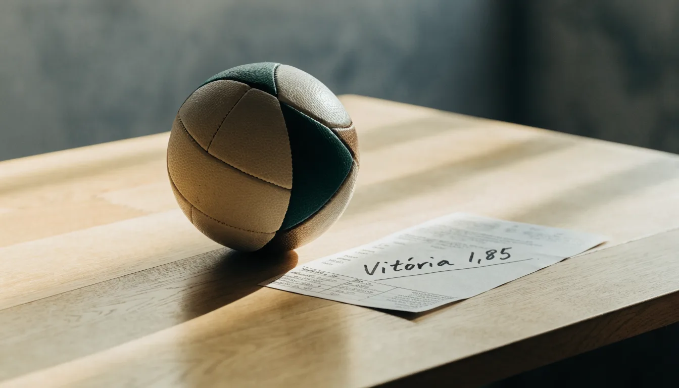 Uma bola de futebol pousada sobre um talão de apostas em branco numa mesa de madeira, à luz do dia