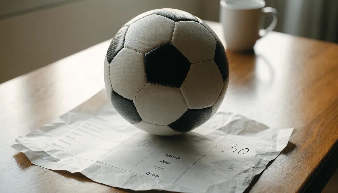 Uma bola de futebol pousada sobre um talão de apostas em branco numa mesa de madeira, à luz do dia
