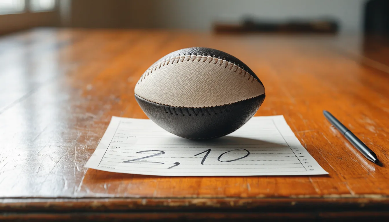 Uma bola de futebol pousada sobre um talão de apostas em branco numa mesa de madeira, à luz do dia