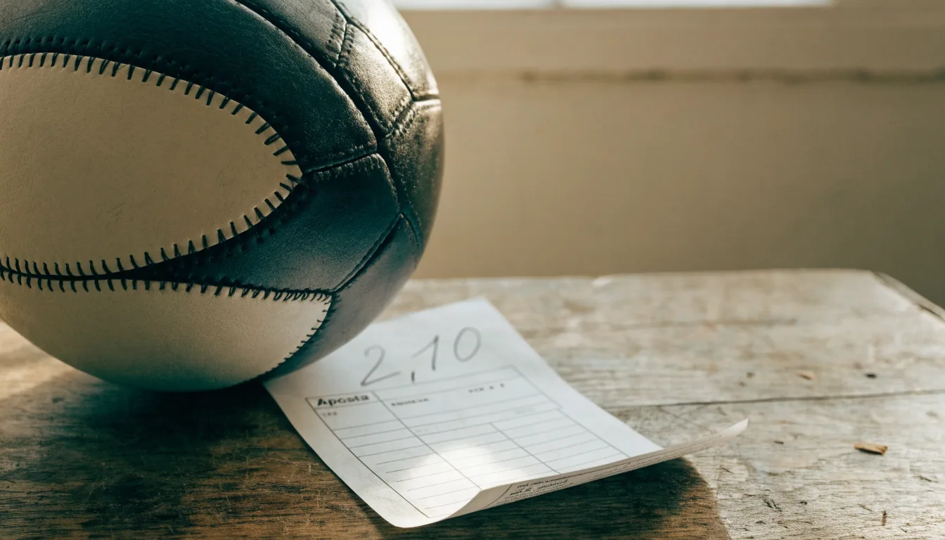 Uma bola de futebol pousada sobre um talão de apostas em branco numa mesa de madeira, à luz do dia