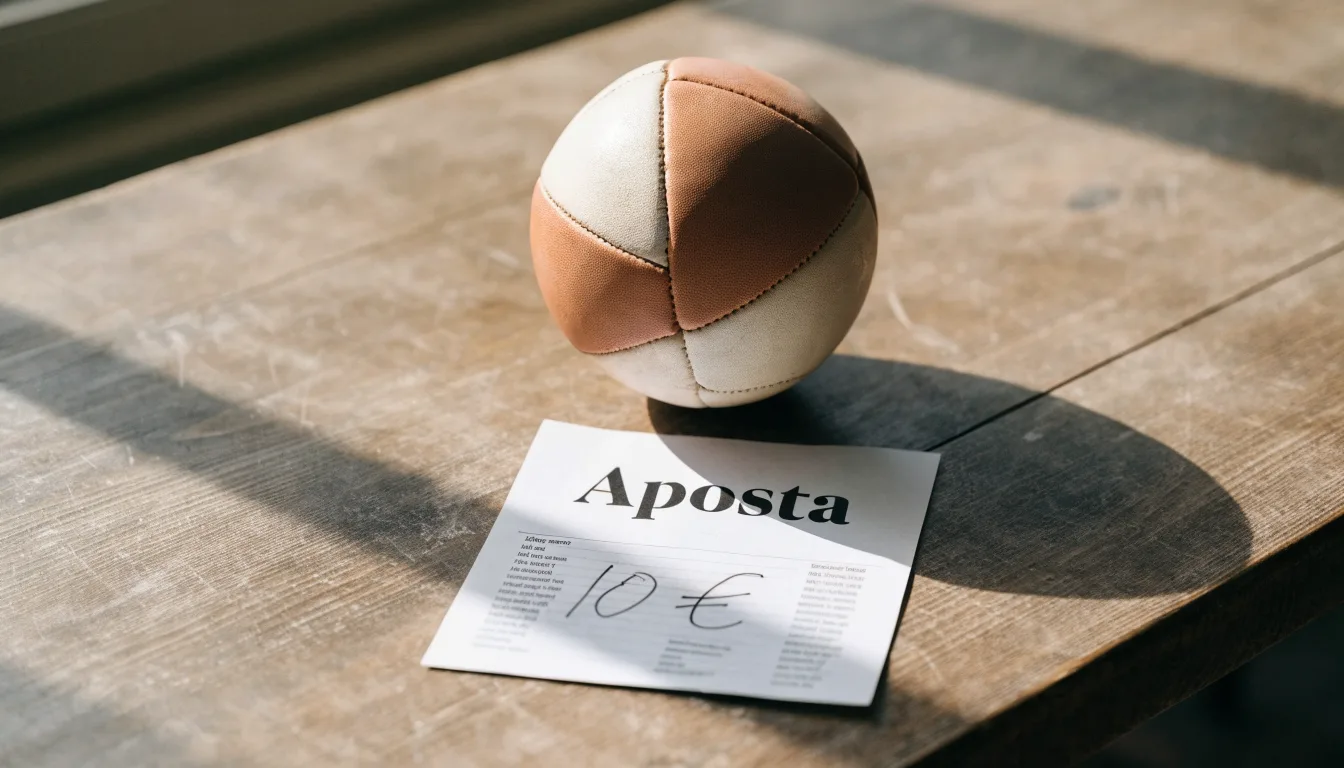 Uma bola de futebol pousada sobre um talão de apostas em branco numa mesa de madeira, à luz do dia