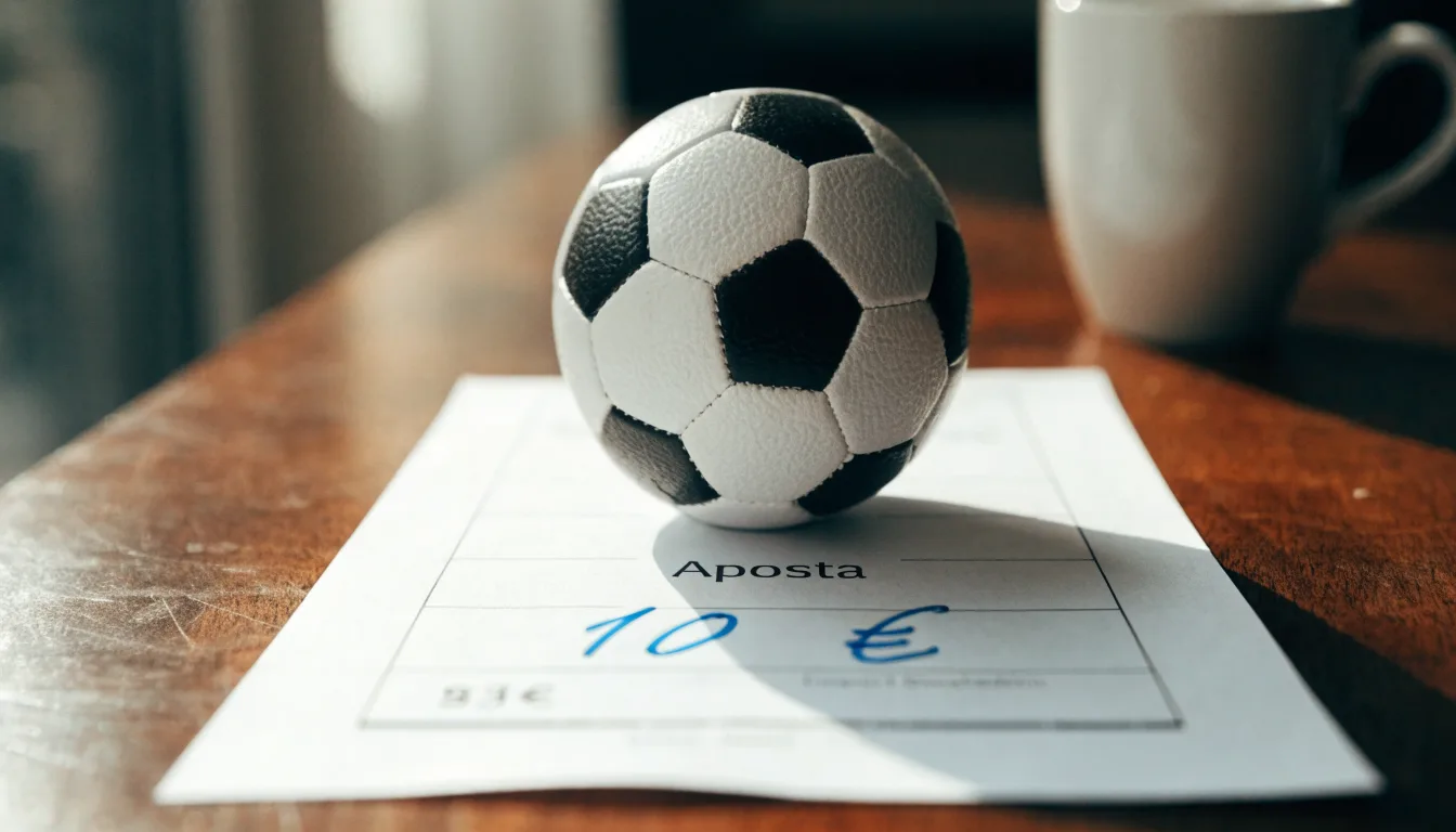 Uma bola de futebol pousada sobre um talão de apostas em branco numa mesa de madeira, à luz do dia
