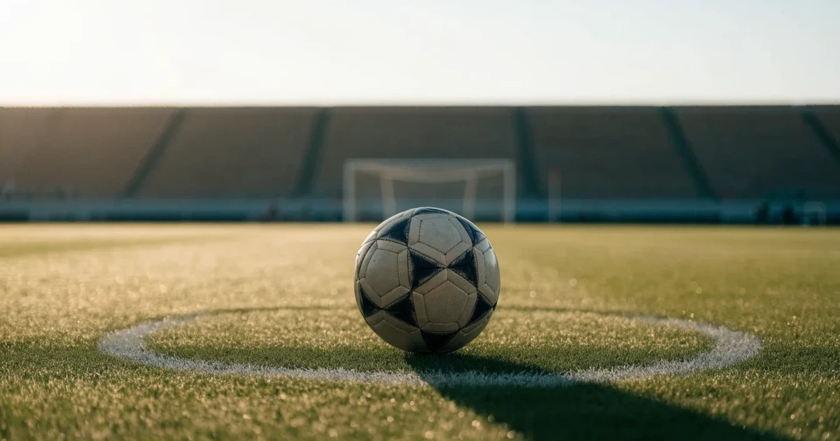 Uma bola de futebol no ponto central de um relvado, à luz da manhã