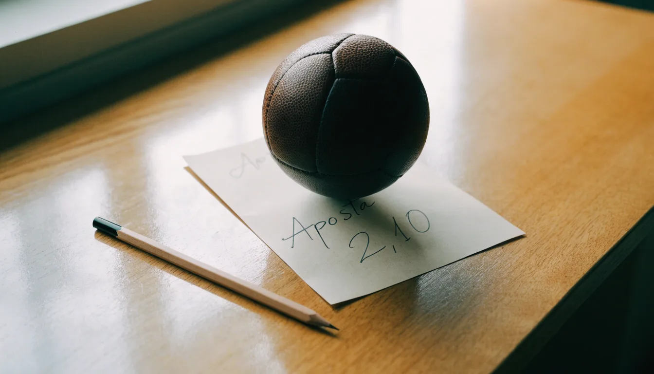 Uma bola de futebol pousada sobre um talão de apostas em branco numa mesa de madeira, à luz do dia