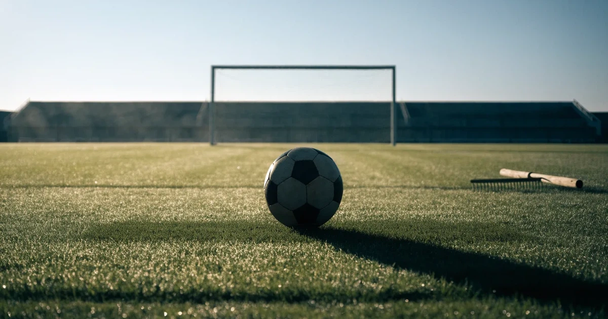 Uma bola de futebol no ponto central de um relvado, à luz da manhã